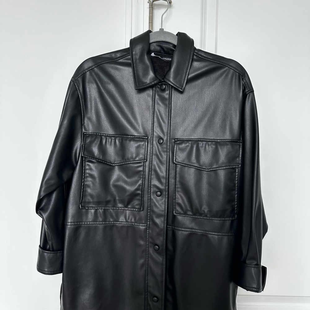 Zara Black Faux Leather Shirt Jacket